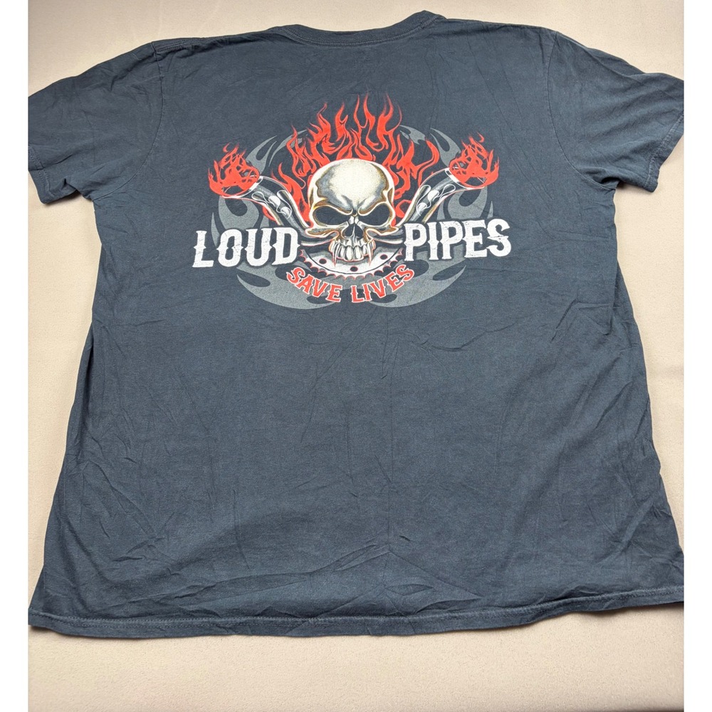 Lethal Threat Loud Pipes Save Lives Biker T-Shirt Mens XL Black Skull Graphic